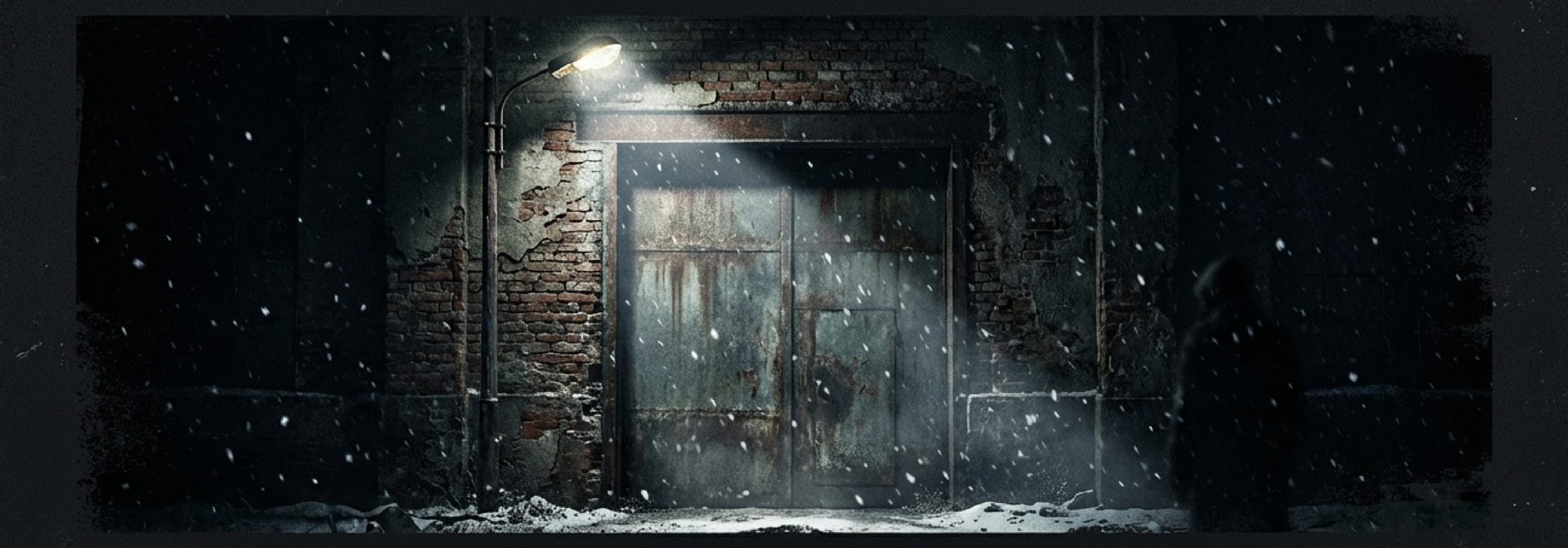 A snow-covered warehouse door at night, New Year's Eve 1999